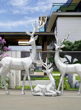 银色鹿摆件几何动物块状梅花鹿玻璃纤维雕塑商场酒店大厅装饰小品