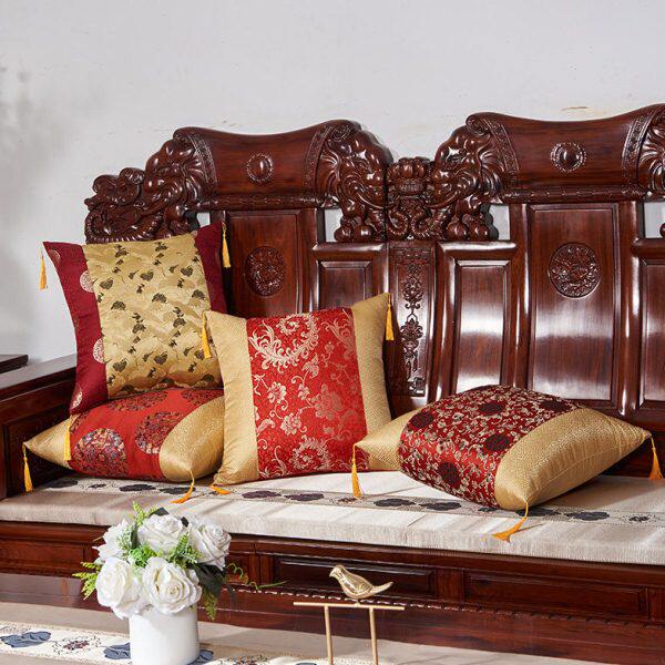 新新款亚麻莲花抱垫中国风客厅古典靠枕靠背腰枕套含芯红木沙发垫