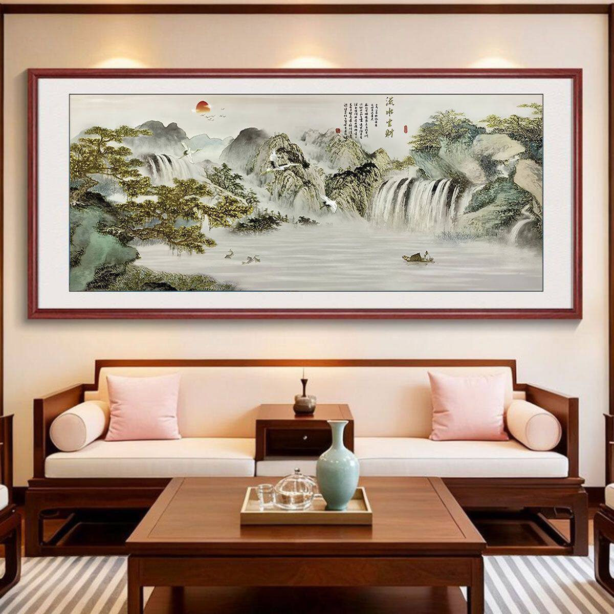 定制装饰画浮雕描金山水画中式客厅山水画办公室流水生财沙发挂画
