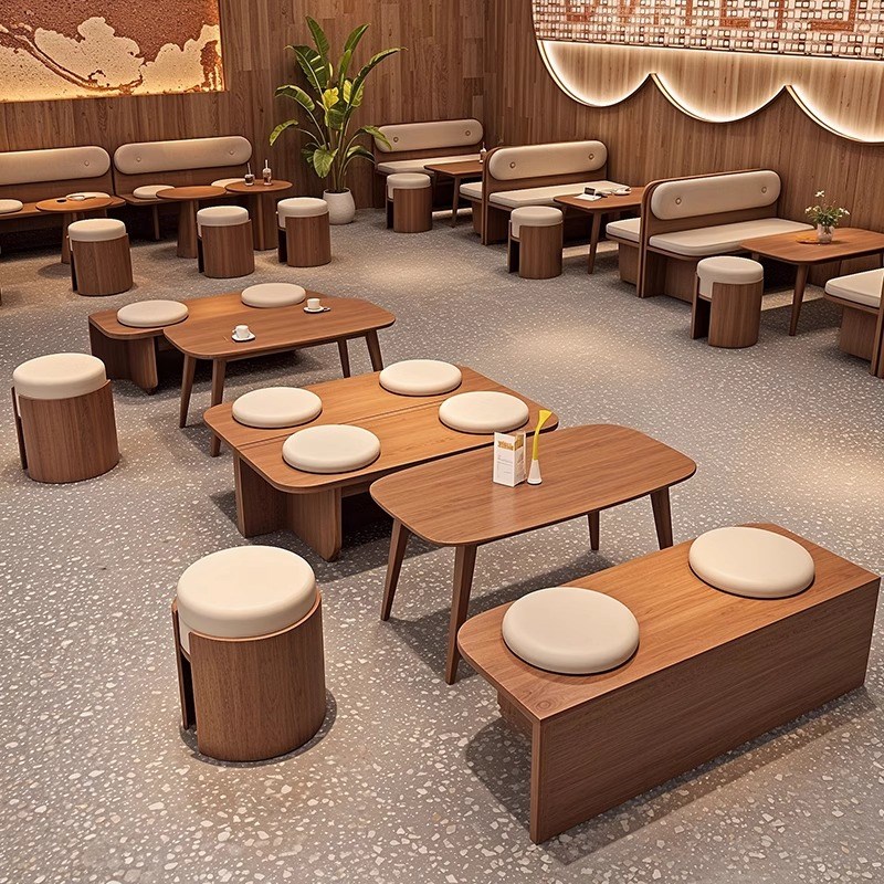 复古风咖啡e厅实木卡座沙发奶茶店甜品店商用西餐厅靠墙长条凳子