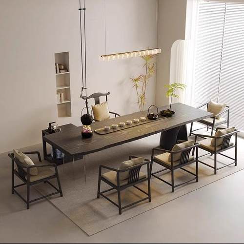 新中式实木桌办公室夫接待茶洽桌简约轻奢家用功茶谈WPC桌椅组合