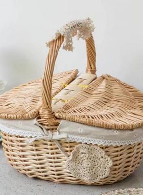 餐篮子柳编藤编竹篮PIV果篮小手提带盖物篮野编织礼品花水购篮