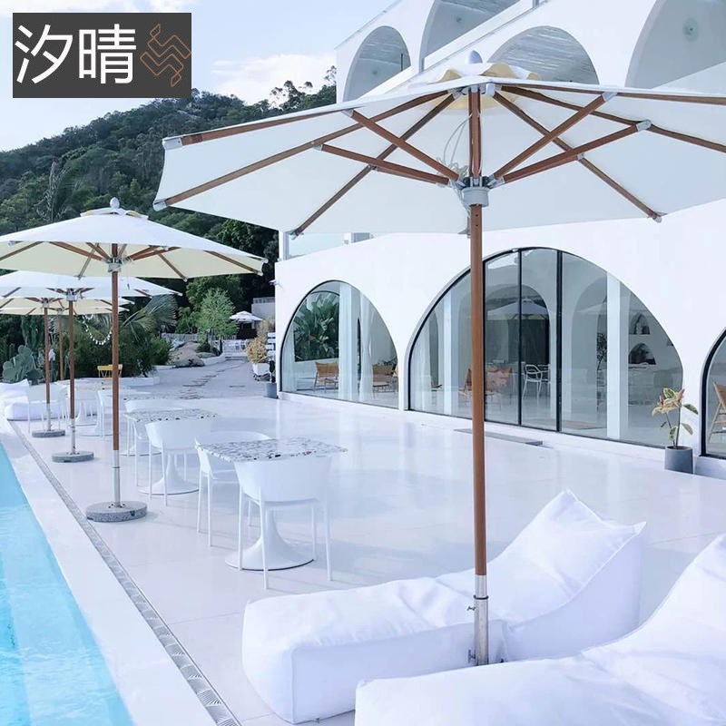 户外遮阳伞沙滩实木太阳伞酒店游泳池躺椅中柱伞咖啡厅商用定制伞