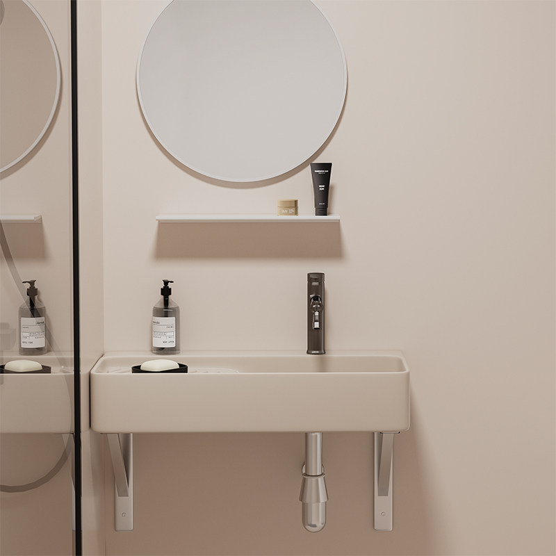 小户型加长窄边挂墙式陶瓷洗手盆奶油风洗脸盆阳台洗衣盆简易挂盆