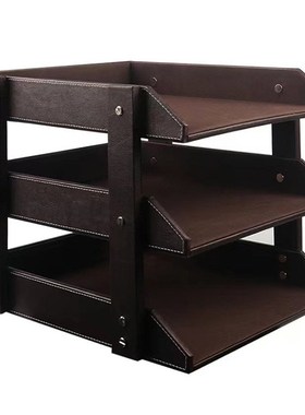 工厂黑色三层文件盘可拆装防滑桌面收纳资料架皮革文件架