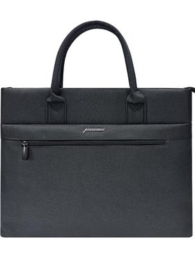 黑色双层帆布文件袋简约休闲15.6寸电脑包手提公文包男女士防水