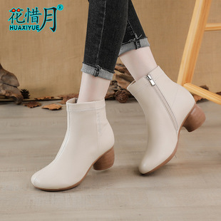398中跟短靴民族风中粗跟软底防滑皮靴纯色侧拉炼妈妈时装 低筒靴