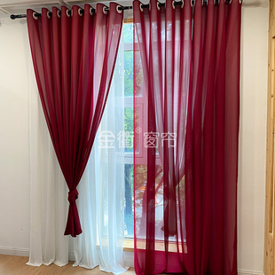 客厅卧室纱帘酒红色高密雪纺纱透光不透人花蕾红双层窗纱防刮定制