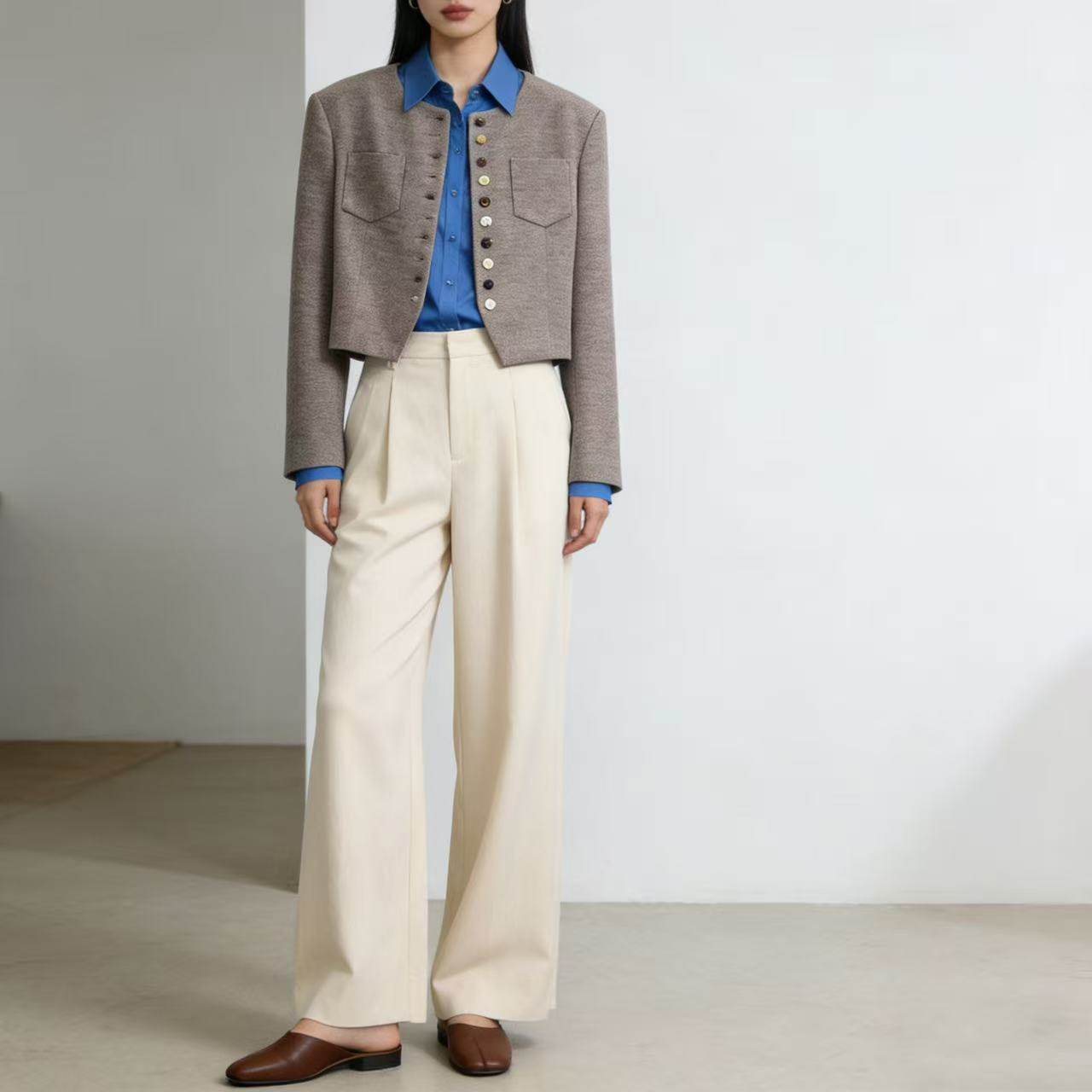 【1-24】9125通勤风短外套女职场百搭撞色领口单排扣显瘦外套,女装/女士精品,短外套,淘宝优惠券,粉丝福利购,淘宝优惠卷