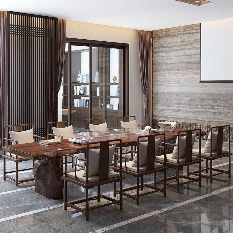 中式古典实木桌椅组合家用书房禅意电脑办公桌办公室不规则会议桌