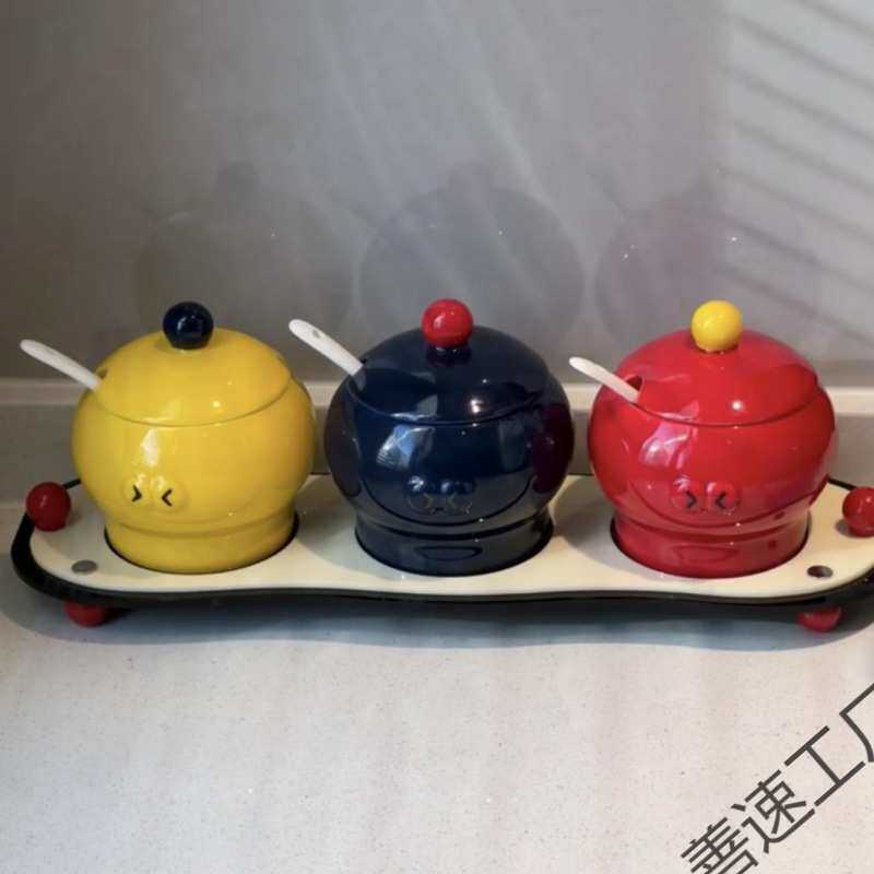多巴胺调味罐套装家用陶瓷盐罐佐料酱醋收纳罐可爱厨房用品调料盒