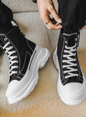 隐形内增高男鞋12cm高帮板鞋男士增高鞋10cm松糕底厚底休闲帆布鞋