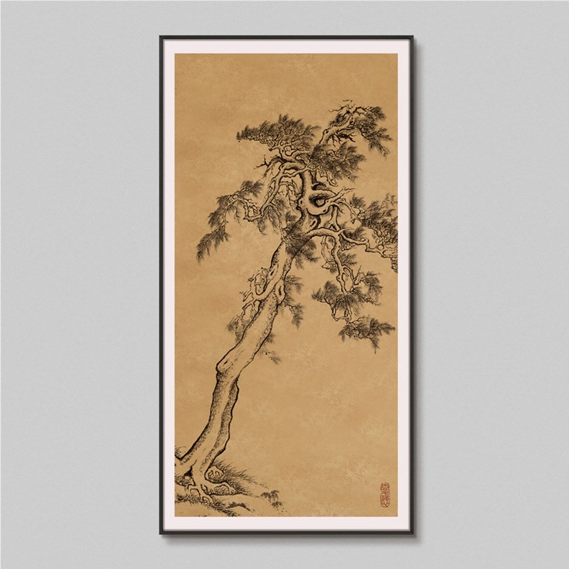 新中式样板房入户玄关竖款大幅松树装饰画民宿走廊过道背景墙挂画图片