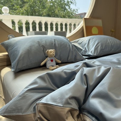 100支蓝色简约长绒棉双拼纯棉四件套全棉1.5m1.8米被套丝滑裸睡