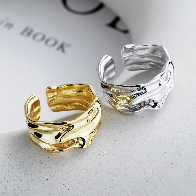 锦河畔 s925纯银不规则小香风捶打纹指凹凸宽面开口戒指ins潮欧美