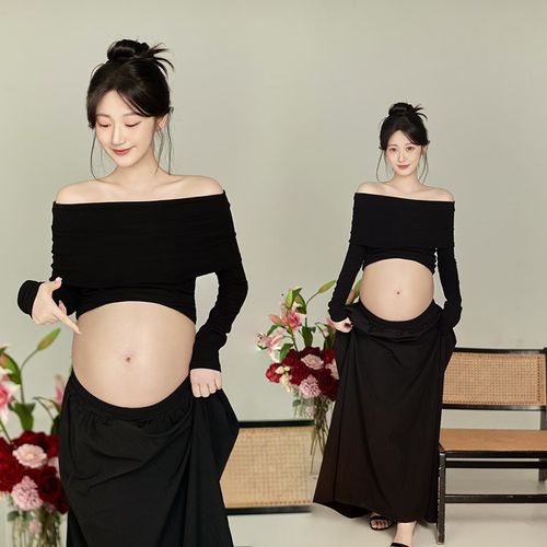 拍照孕妇装2025孕妇照服装室内简约风高级感孕妈大肚照黑色两件套