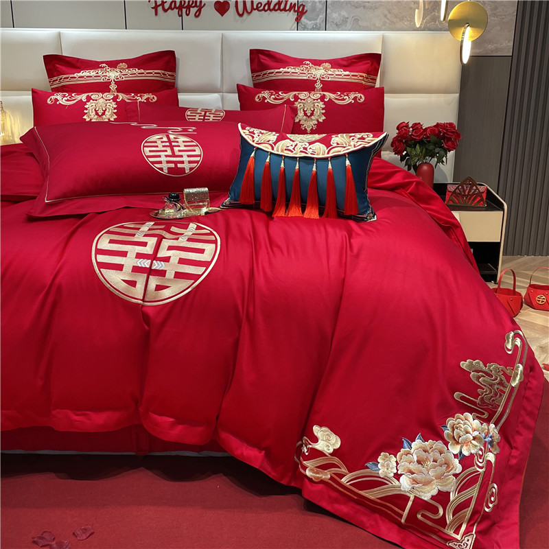 高档中式100支婚庆四件组全棉红色刺绣结婚牀上用品婚房喜被纯棉