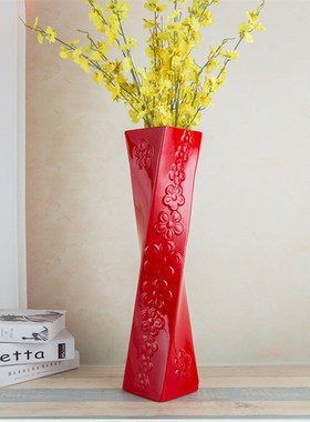 60cm落地陶瓷红色大花瓶 客厅摆件结婚喜庆家居摆设 乔迁入伙礼物