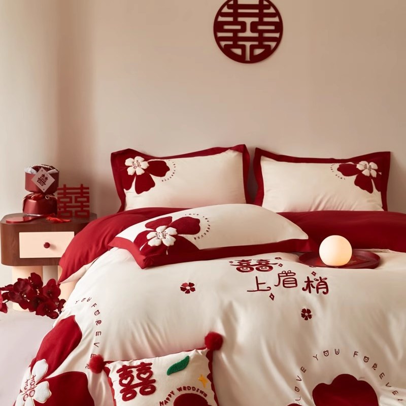 四件套红色100支公主风长绒棉结婚高档纯棉床单婚庆陪嫁床上用品4