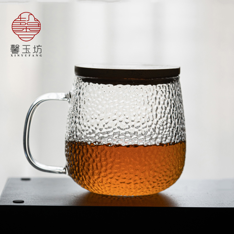 锤纹日式玻璃杯耐热水杯子带盖带勺子咖啡杯花茶杯果汁杯女家用