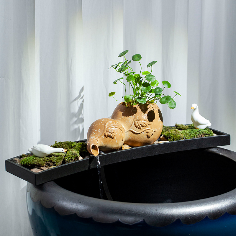 庭院室内古法鱼缸水缸养鱼造景水景陶瓷葫芦循环过滤流水器摆件