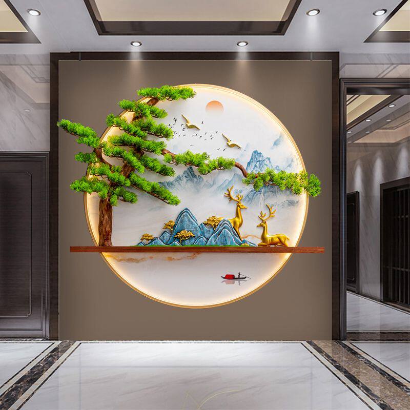 新中式轻奢走廊客厅背景墙玄关发光装饰画立体迎客松圆形茶室挂画
