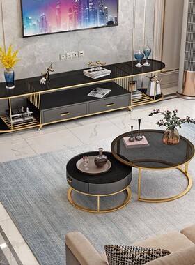 现电视柜茶几组合客厅简约铁视听柜用大理65816艺石家双抽屉电视