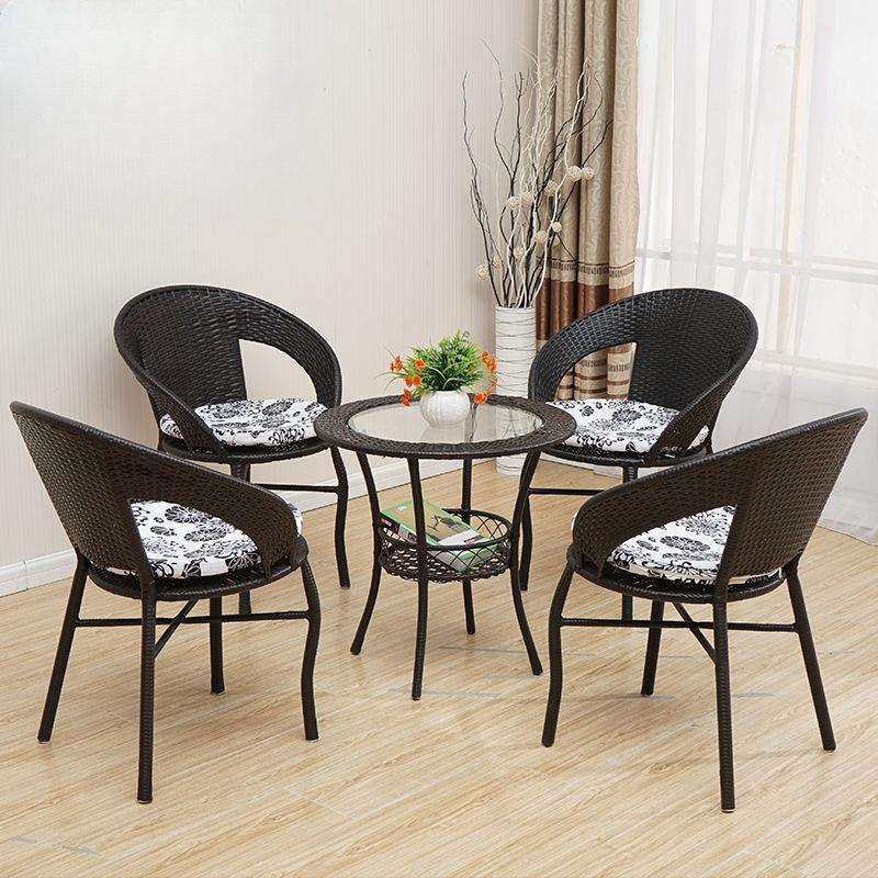 阳台金属小桌子休闲小圆桌小茶桌椅组合藤编小茶几钢化玻璃圆形桌