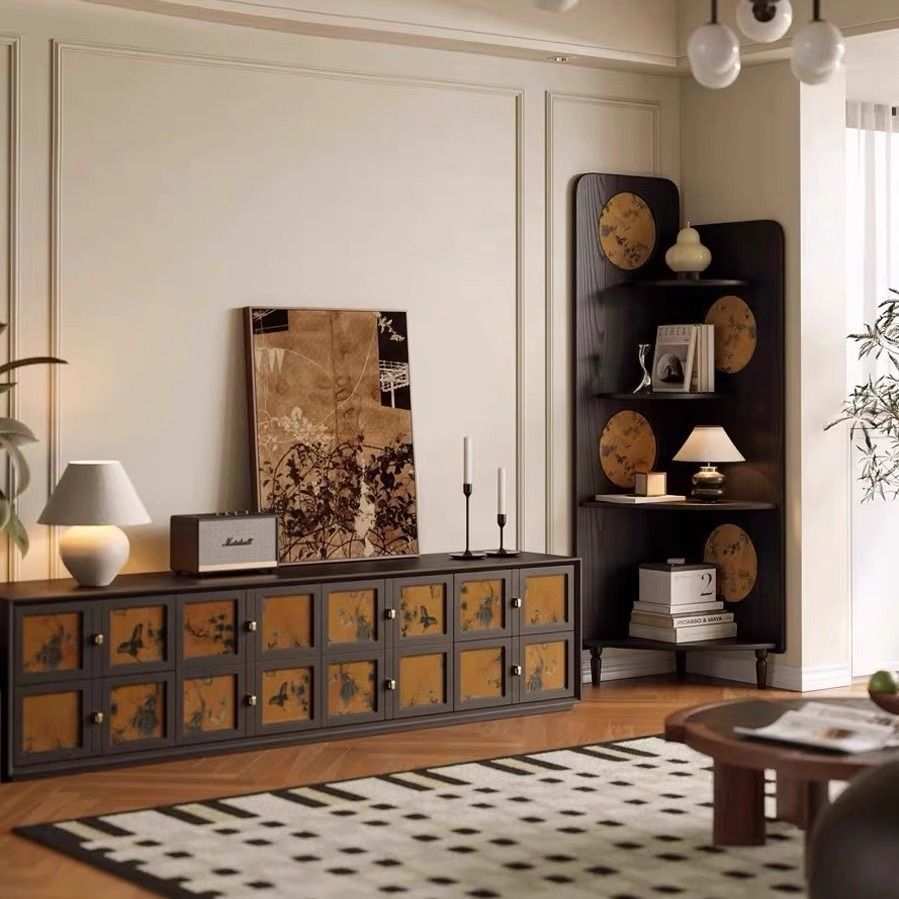 中古风香云纱三角柜客厅转角柜复古风收纳柜实木置物架画屏展示柜