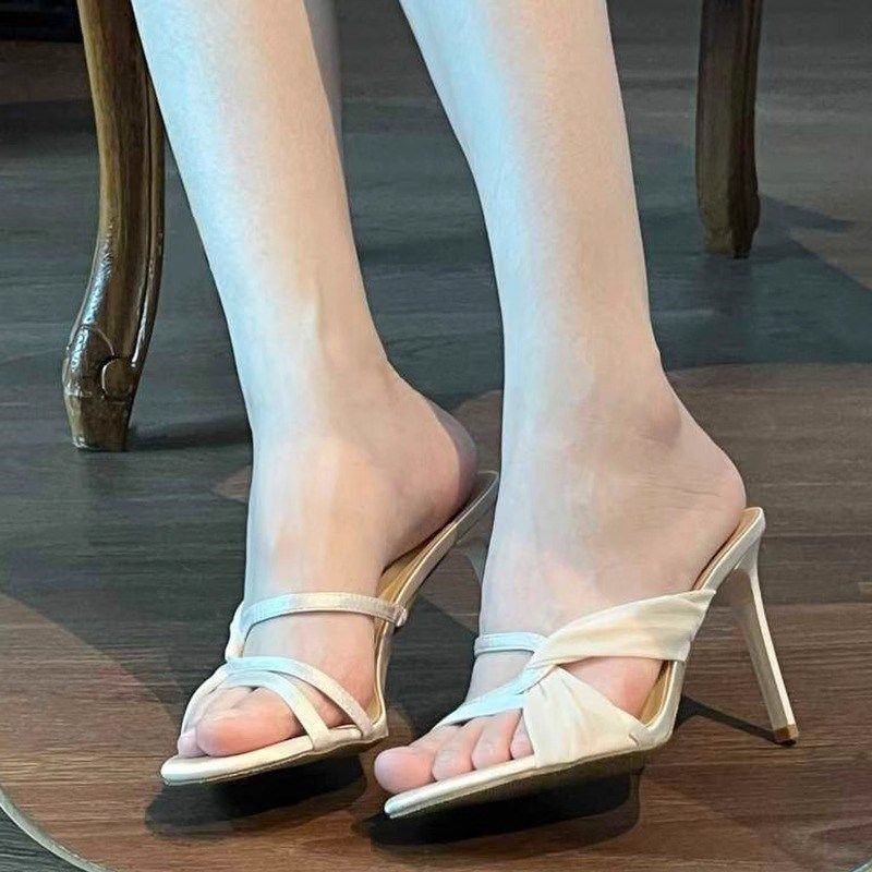 2024新款露趾尖头网纱绸缎一字带拖鞋女夏甜美外穿细跟高跟鞋凉鞋,女鞋,一字拖,淘宝优惠券,粉丝福利购,淘宝优惠卷