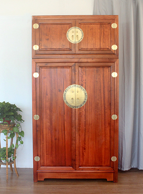 中式樟木衣柜 大容量收纳柜卧室带抽屉衣柜全实木U衣橱带顶箱衣柜