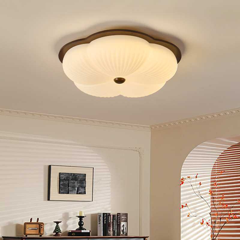 现货 美式中古风卧室灯实木复古花朵吸顶灯儿童房护眼书房灯