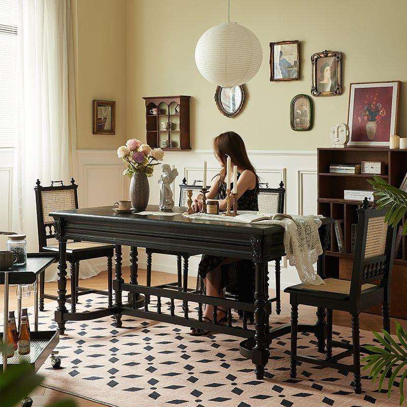 法式复古实木家用长方形美式雕花原木餐桌轻奢现代简约黑色方桌子