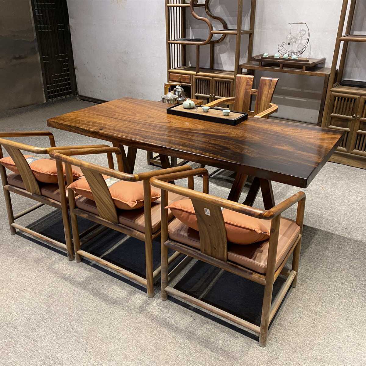 原木办公桌新中式餐桌实木大板胡桃木原木大板茶桌家用书房学习桌