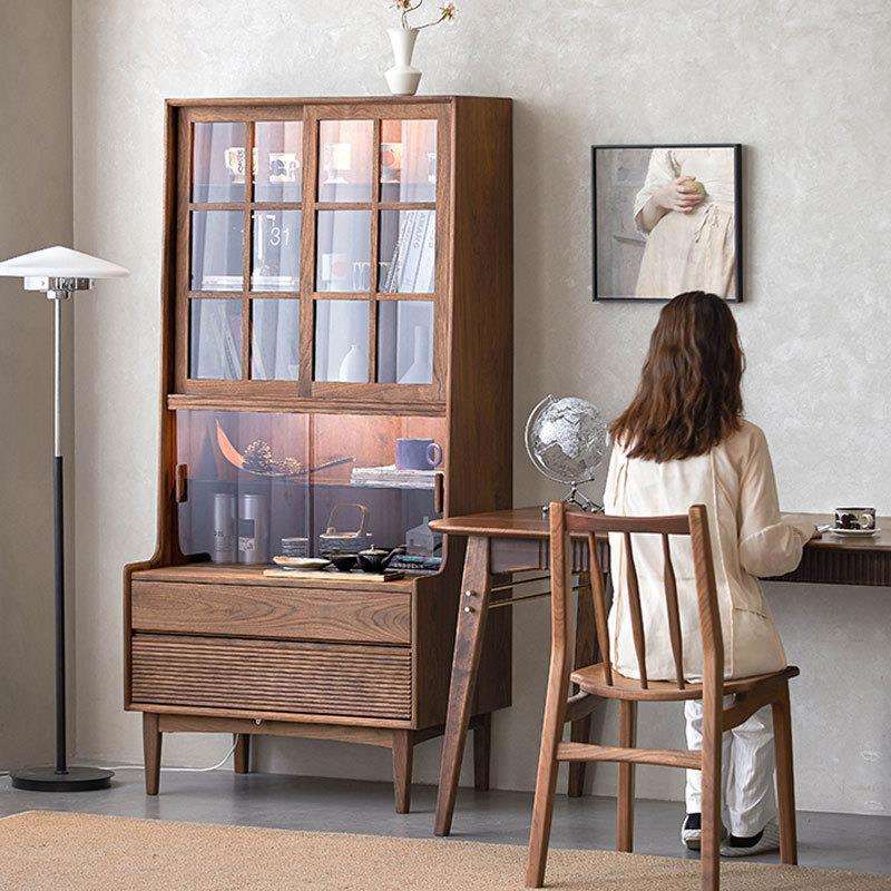 北欧全实木黑胡桃木书柜玻璃门展示柜现代简约式日式原木储物书架