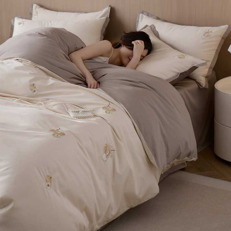 A类60支长绒棉四件套简约全棉荔枝刺绣被套纯棉床单床笠床上用品