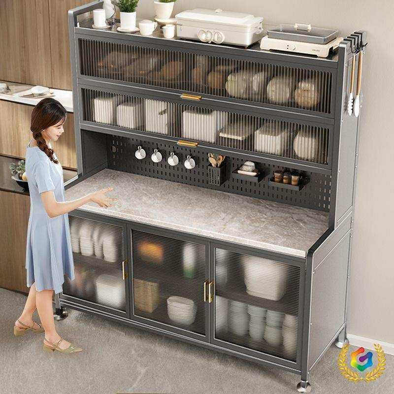 ?特厚厨房置物架岩板餐边储物落地多层微波炉电器多功能收纳橱柜