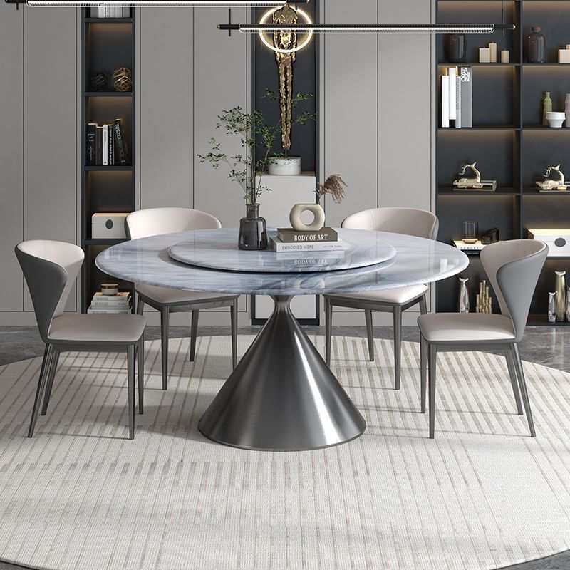 现代圆形超晶石餐桌椅组合家用小户型岩板饭桌微晶石送转盘小型桌
