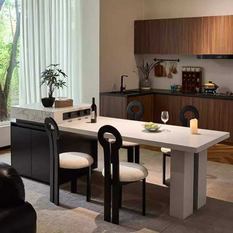 意式简约白色岩板岛台餐桌一体小户型家用多功能可伸缩厨房中岛台