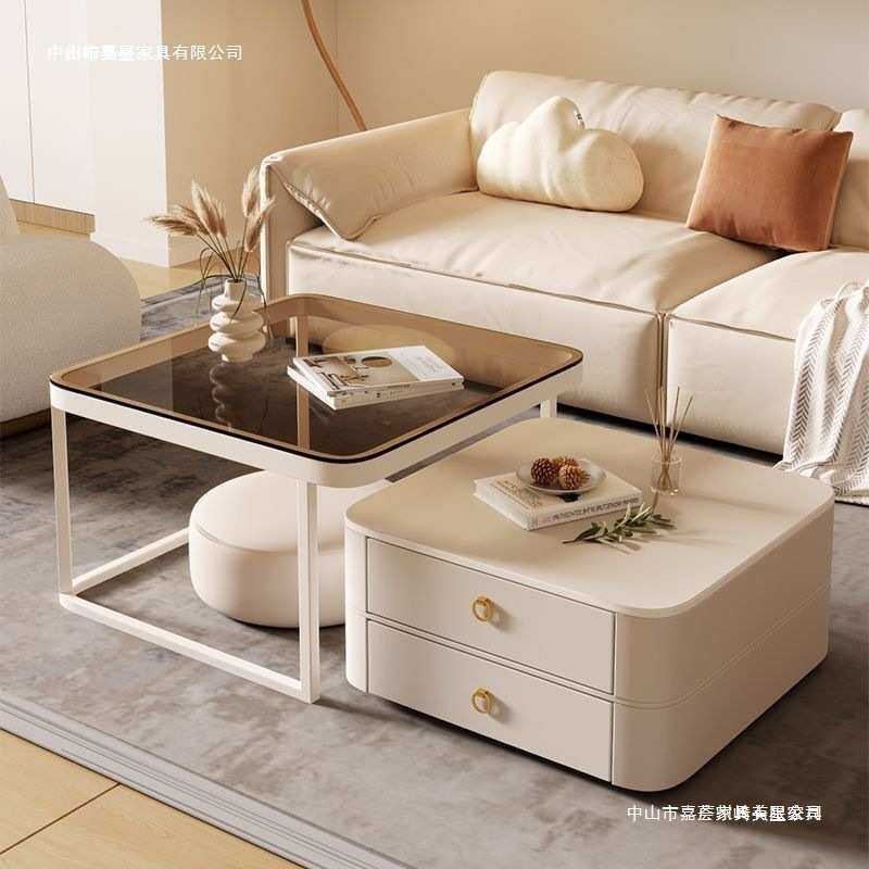 奶油风茶几小户型家用客厅桌子简约轻奢现代岩板网红玻璃方形茶几