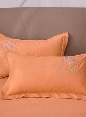 加厚全棉纯色刺绣磨毛厚枕套灰色蓝红宽边枕头套48x74一对装