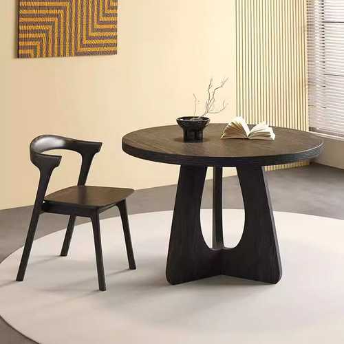 北欧实木圆桌复古风家庭饭桌现代简约小户型白蜡木黑色餐桌咖啡桌
