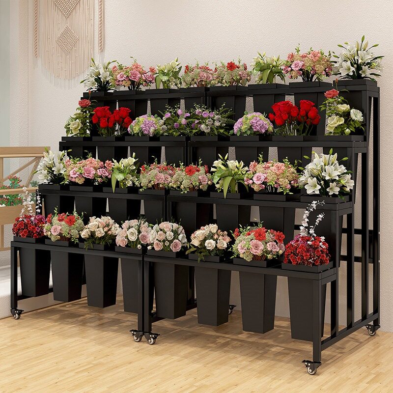 鲜花店花架醒花架花收纳摆摊多层花卉架假花展示架带桶可移动