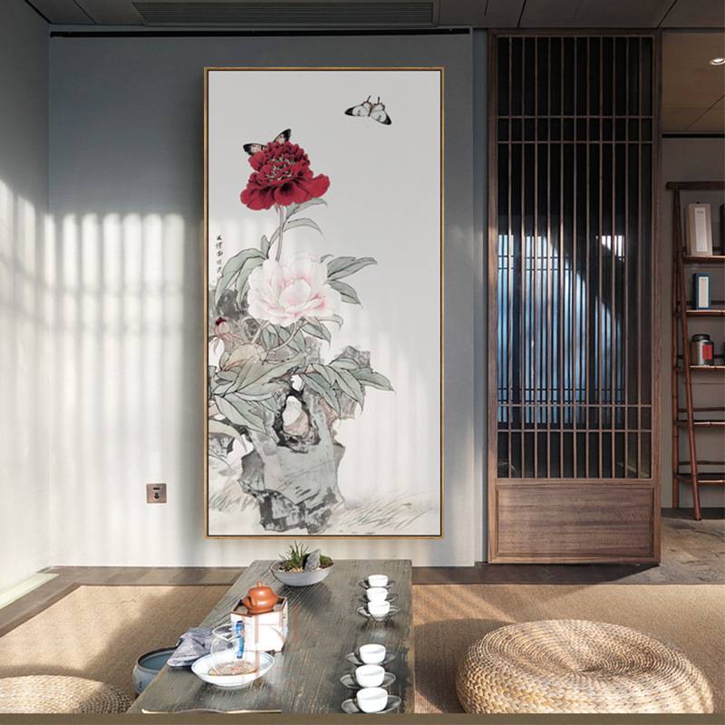 草木芳菲 玄关壁画竖版别墅入户过道挂画走廊尽头茶楼巨幅画
