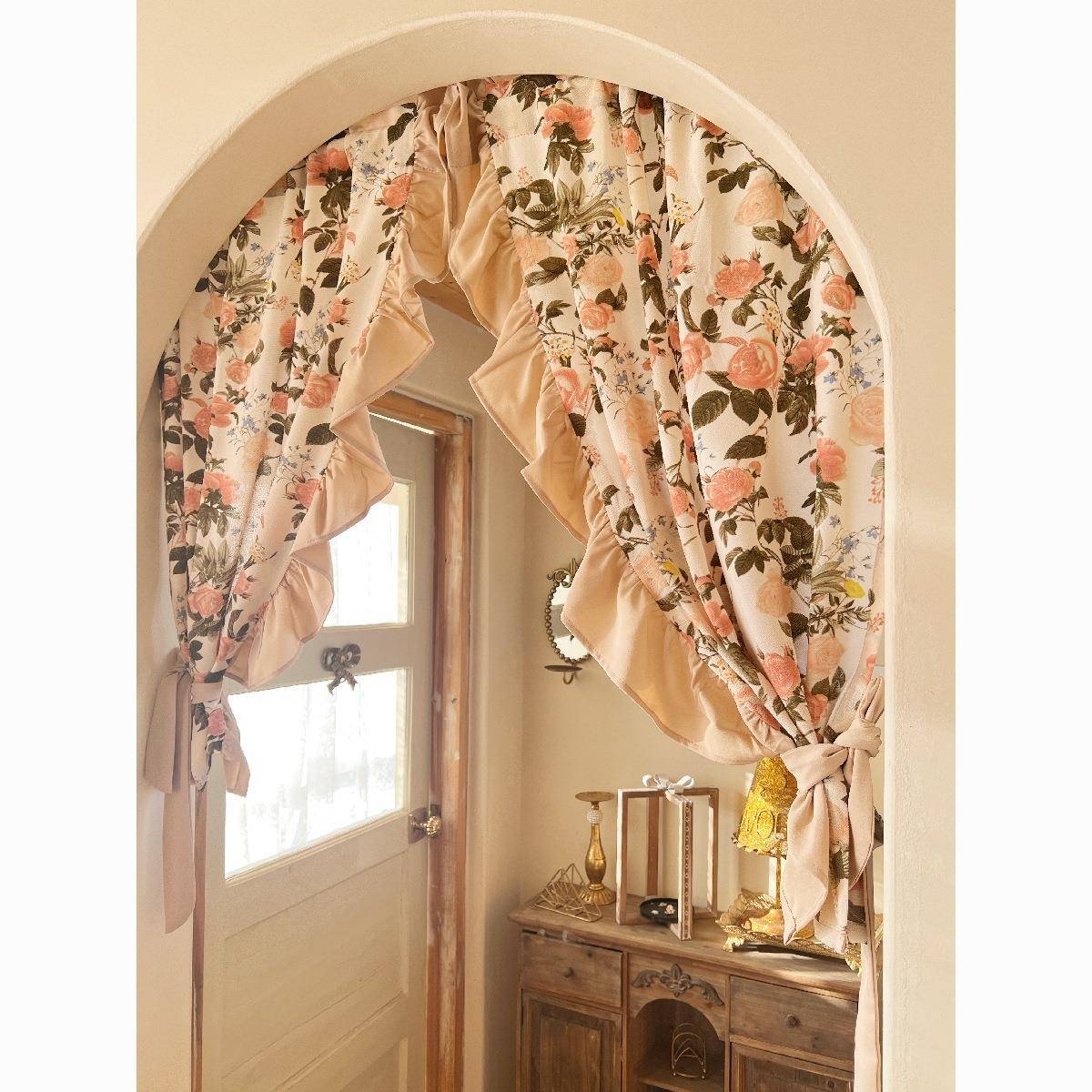 XX830010乡村复古魔英式奶窗油玫瑰花美式帘拱形门帘半帘穿洞杆挂