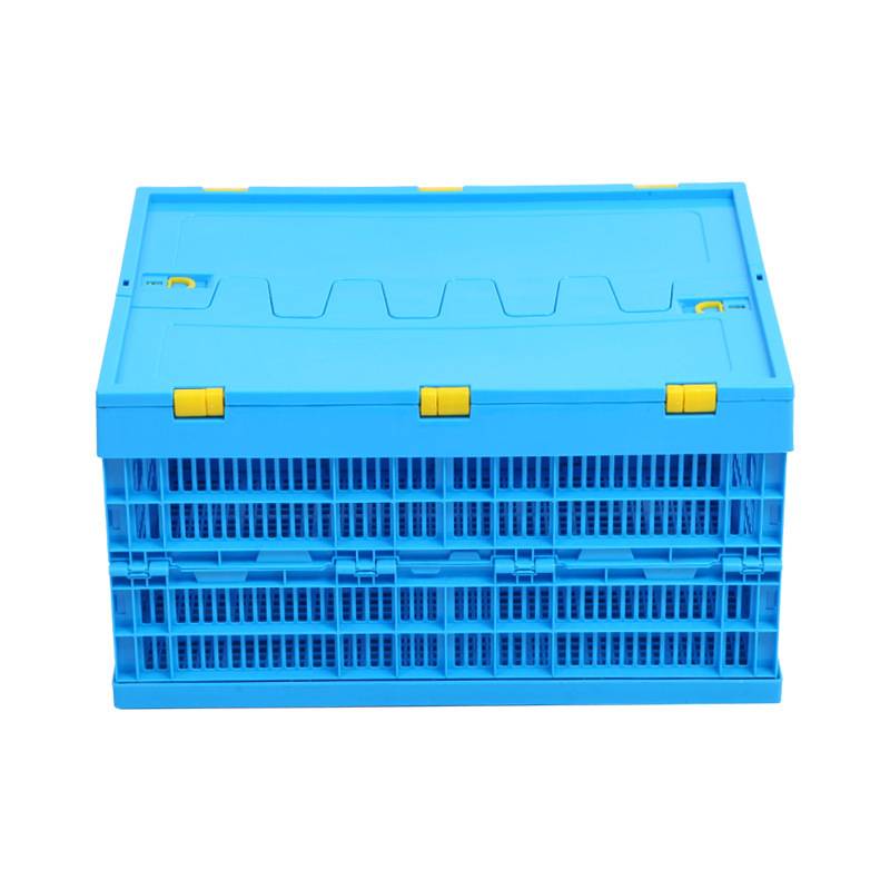 600-280加厚带盖塑胶折叠筐PP蓝色折叠蔬菜周转框塑料可折叠筐子
