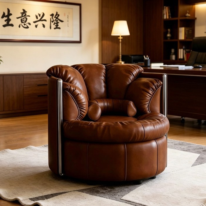 中古风旋转皮艺沙发椅书房茶室客厅复古轻奢靠背休闲椅主人位沙发
