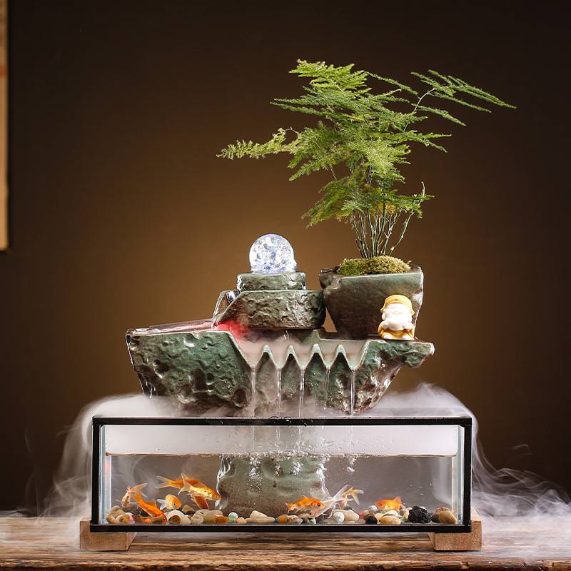 创意流水加湿器玻璃鱼缸招财喷泉办公室桌面玄关客厅家居开业摆件