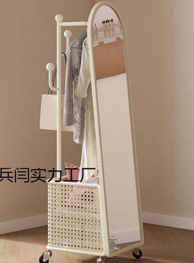旋PUC穿衣身镜镜挂衣架转奶油风全镜落地衣帽架一体镜子卧室试衣