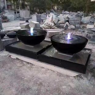 日式水庭院黑山石水钵流户外水池别花青石中国黑水槽墅石盆造园景